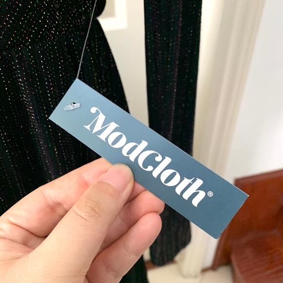 Modcloth Shimmer On Show Dress Long Sleeve Tulip Skirt Dress Black - Picture 10 of 13